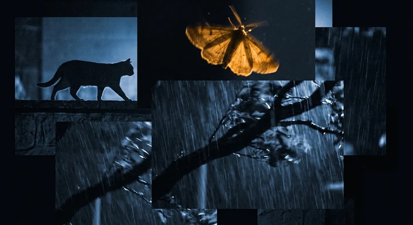 Fotogramas nocturnos superpuestos: una polilla iluminada por infrarrojos, un gato cruzando un muro, una rama con viento y lluvia intensa.
