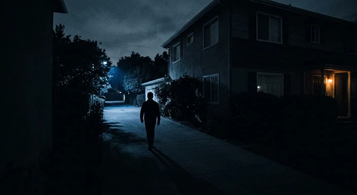 Vista nocturna de un camino junto a una casa, con una persona alejándose de la cámara marcada por un recuadro de detección con valor 0,94.